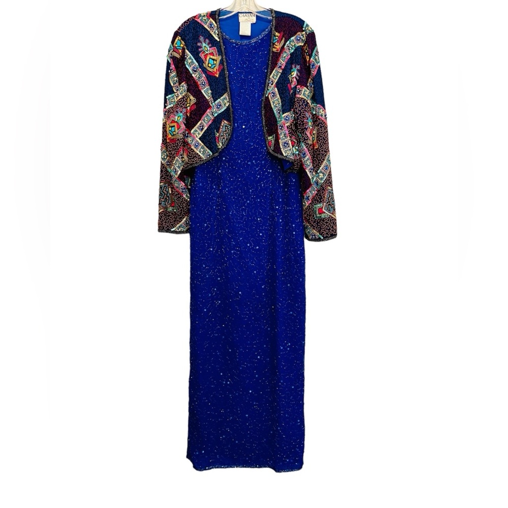 Royal Blue Silk Evening Gown W/ Colorful Bolero Jacket Fully Beaded Formal Event